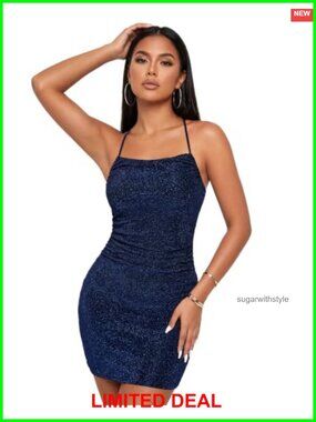 Glitter Sequin Spaghetti Strap Ruched Bodycon Mini Dress Party Club